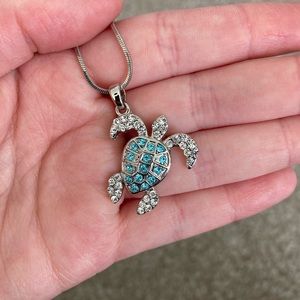 Sea Turtle Silver Necklace with Blue and White Crystals